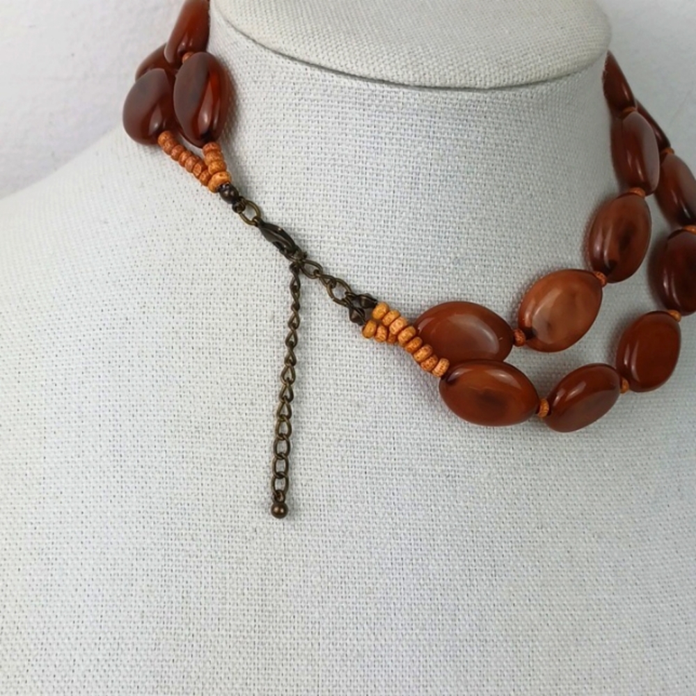 Vintage Style Burnt Carmel DBL Layer Glass Bead Choker Necklace - Picture 9 of 14